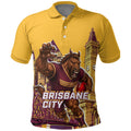 Personalised Brisbane City Rugby Polo Shirt Muscular Horse Mascot Skyline Graphic
