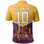 Personalised Brisbane City Rugby Polo Shirt Muscular Horse Mascot Skyline Graphic