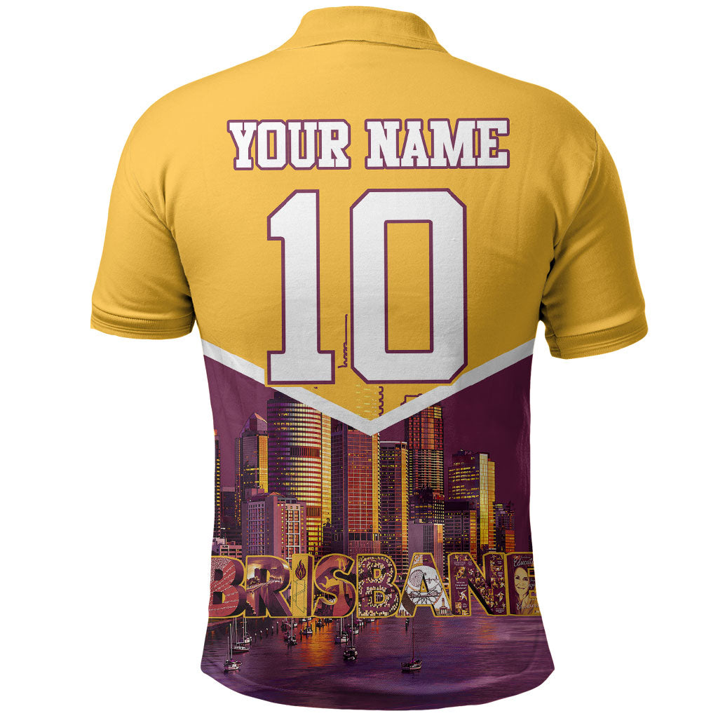 Personalised Brisbane City Rugby Polo Shirt Muscular Horse Mascot Skyline Graphic