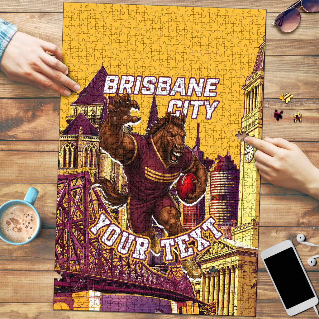 Personalised Brisbane City Rugby Puzzle Muscular Horse Mascot Skyline Graphic