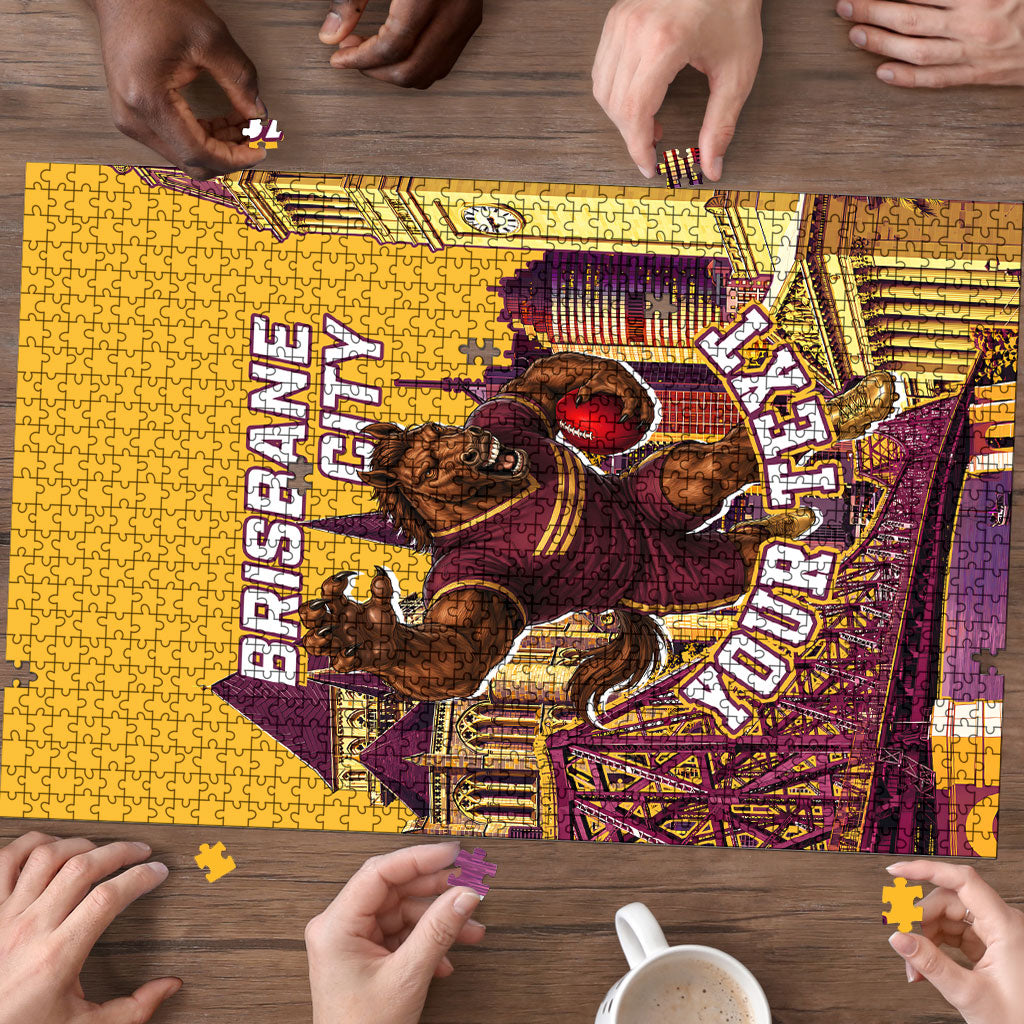 Personalised Brisbane City Rugby Puzzle Muscular Horse Mascot Skyline Graphic