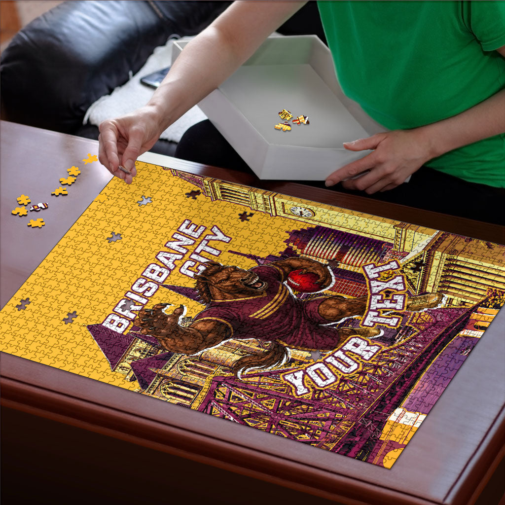 Personalised Brisbane City Rugby Puzzle Muscular Horse Mascot Skyline Graphic