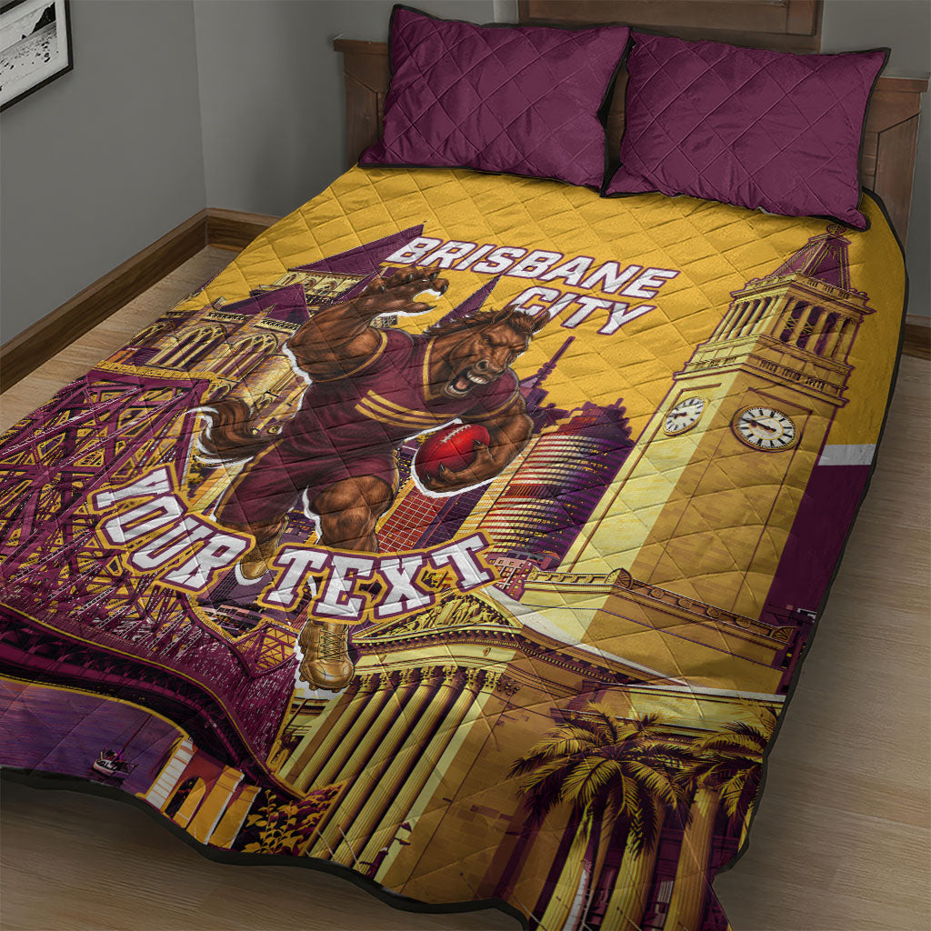 Personalised Brisbane City Rugby Quilt Bed Set Muscular Horse Mascot Skyline Graphic