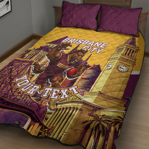 Personalised Brisbane City Rugby Quilt Bed Set Muscular Horse Mascot Skyline Graphic