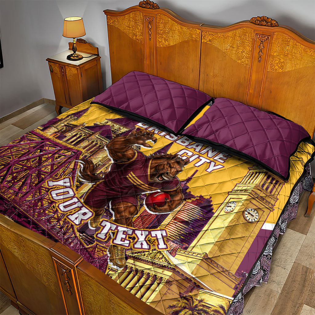 Personalised Brisbane City Rugby Quilt Bed Set Muscular Horse Mascot Skyline Graphic