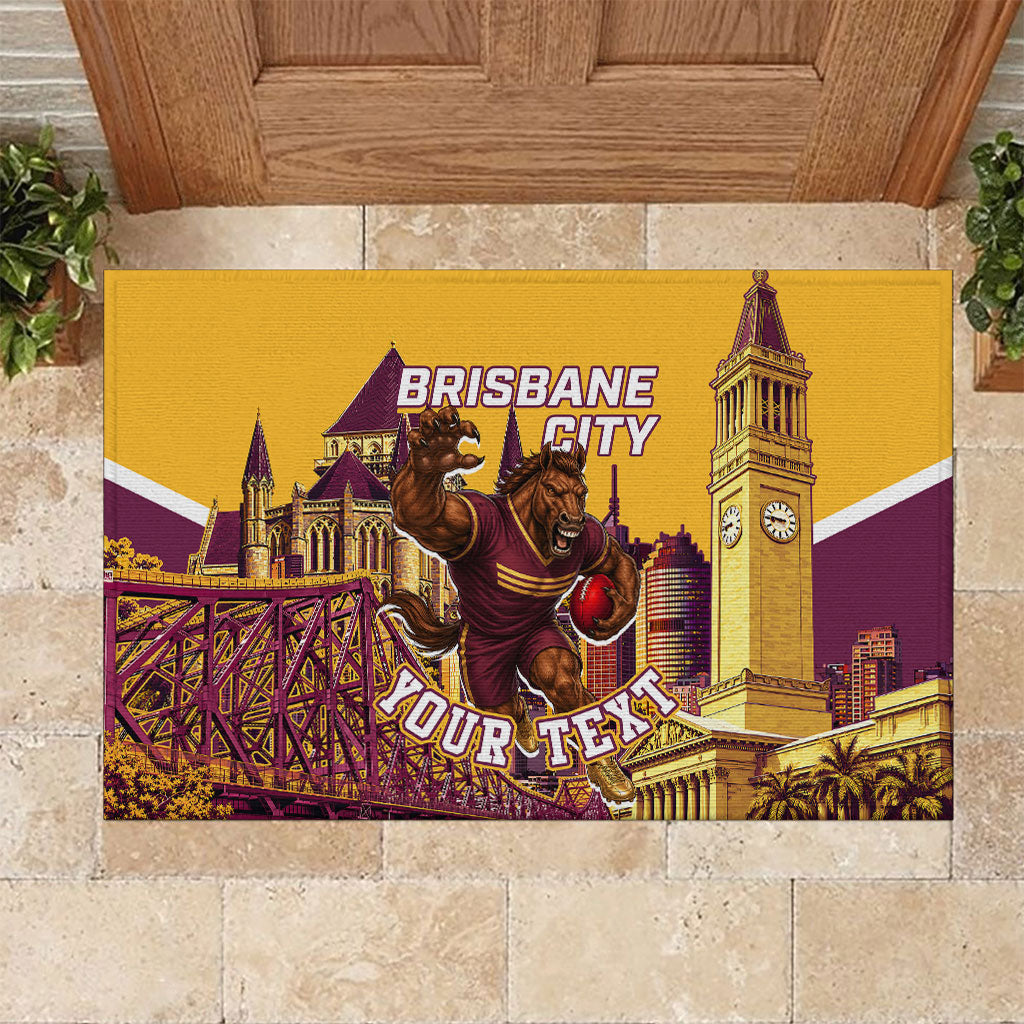 Personalised Brisbane City Rugby Rubber Doormat Muscular Horse Mascot Skyline Graphic