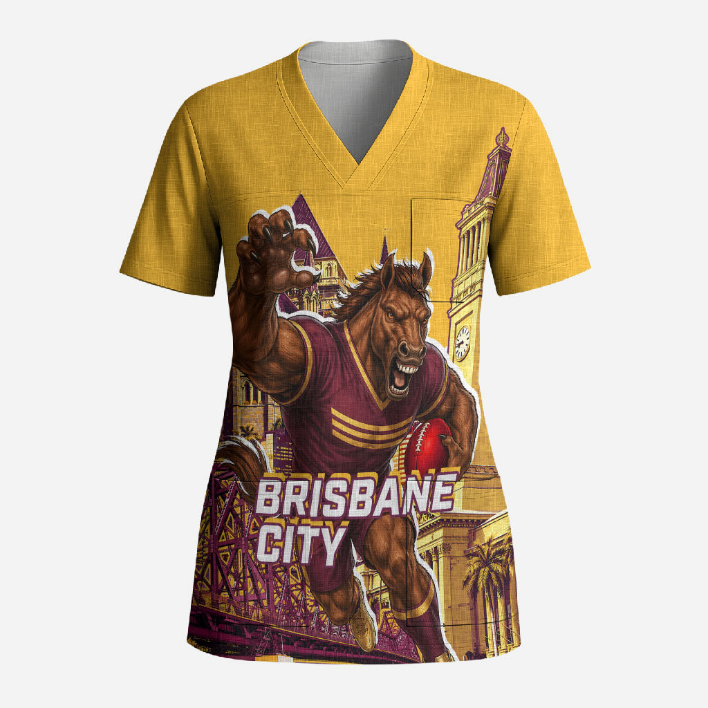 Personalised Brisbane City Rugby Scrub Top Muscular Horse Mascot Skyline Graphic