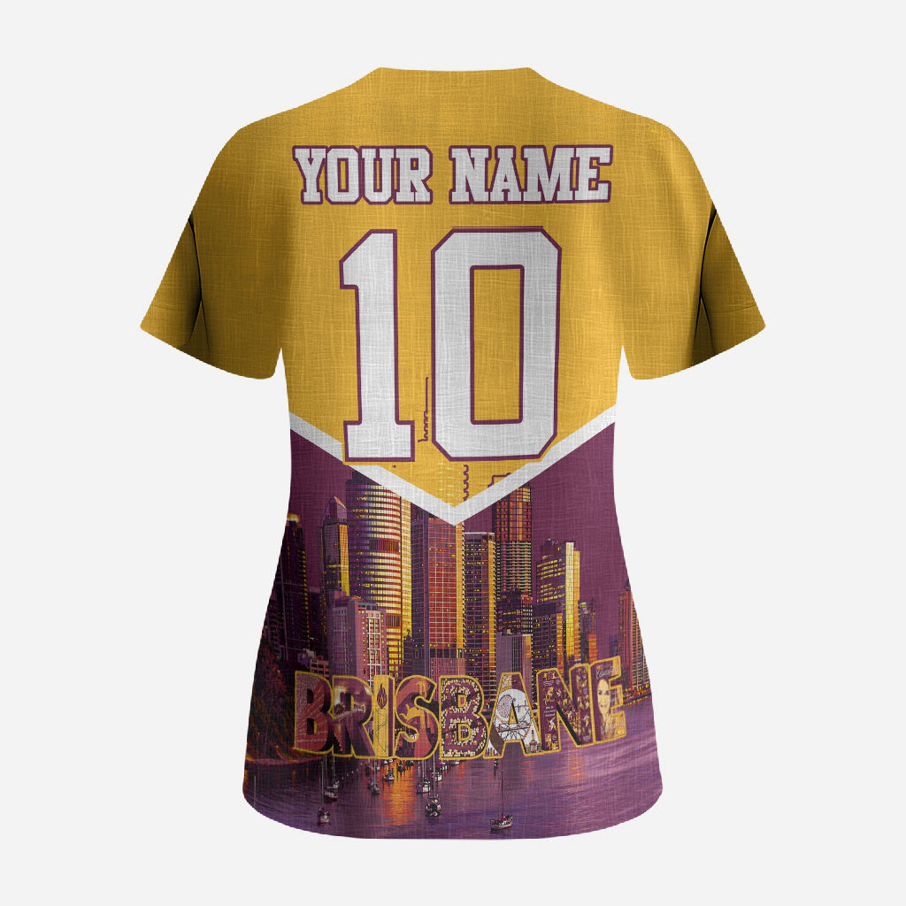 Personalised Brisbane City Rugby Scrub Top Muscular Horse Mascot Skyline Graphic