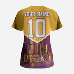 Personalised Brisbane City Rugby Scrub Top Muscular Horse Mascot Skyline Graphic