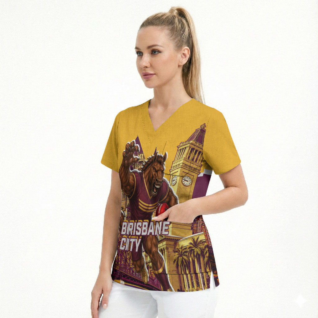 Personalised Brisbane City Rugby Scrub Top Muscular Horse Mascot Skyline Graphic