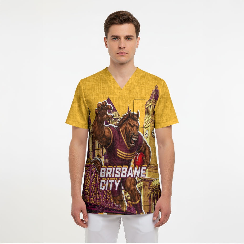Personalised Brisbane City Rugby Scrub Top Muscular Horse Mascot Skyline Graphic
