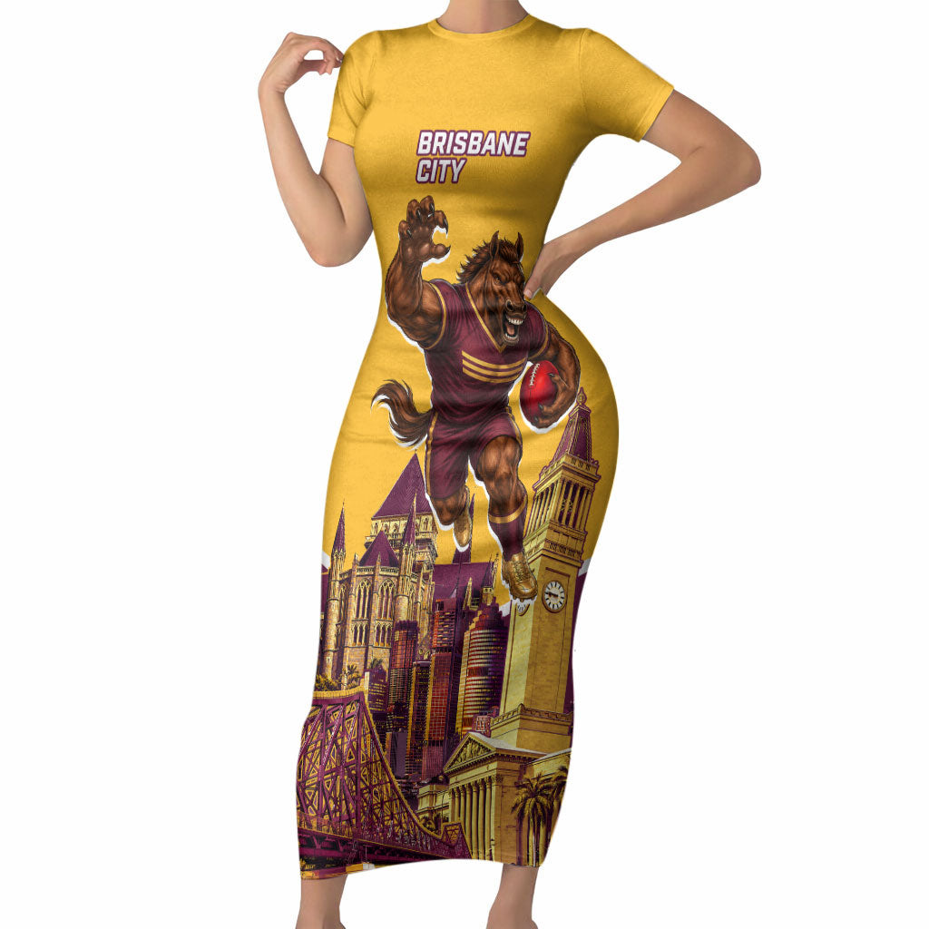 Personalised Brisbane City Rugby Short Sleeve Bodycon Dress Muscular Horse Mascot Skyline Graphic