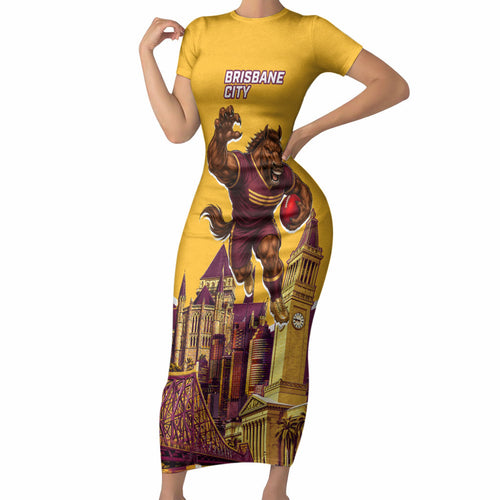 Personalised Brisbane City Rugby Short Sleeve Bodycon Dress Muscular Horse Mascot Skyline Graphic