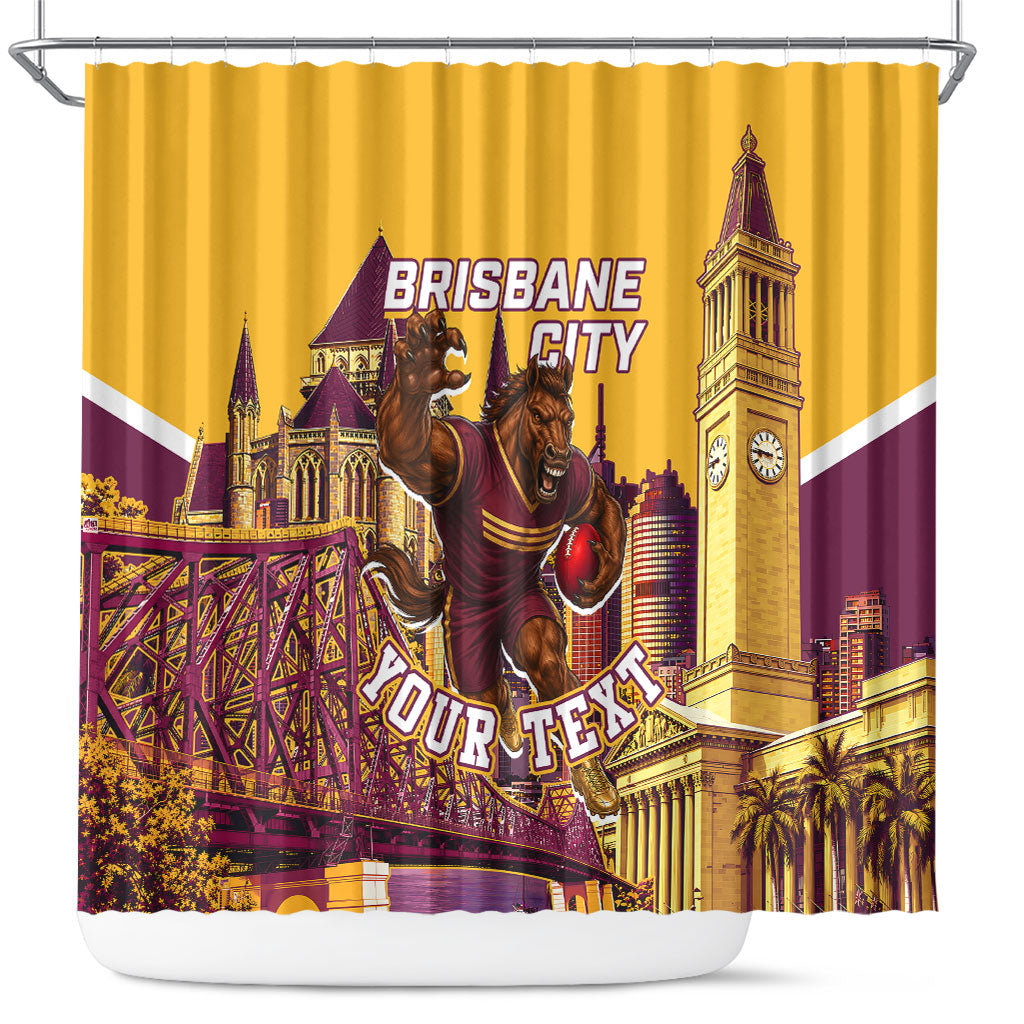 Personalised Brisbane City Rugby Shower Curtain Muscular Horse Mascot Skyline Graphic