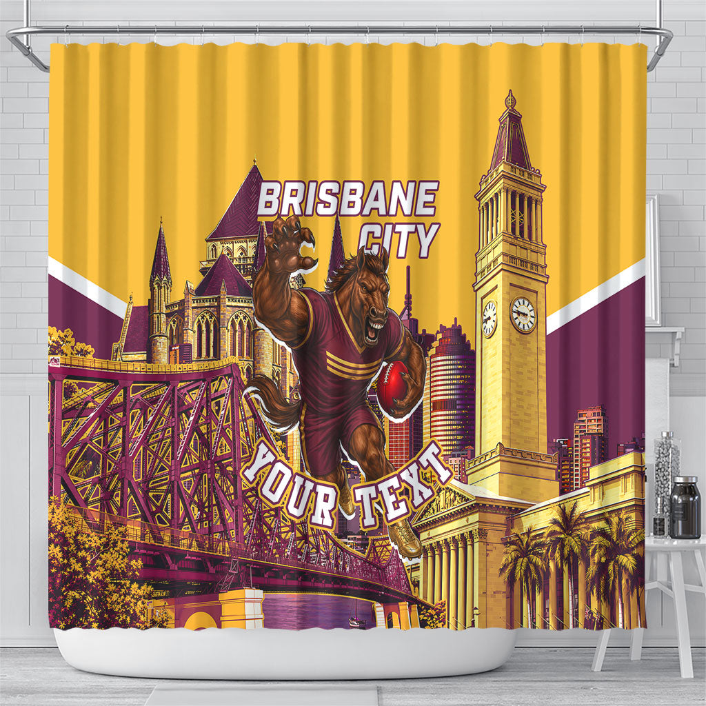 Personalised Brisbane City Rugby Shower Curtain Muscular Horse Mascot Skyline Graphic