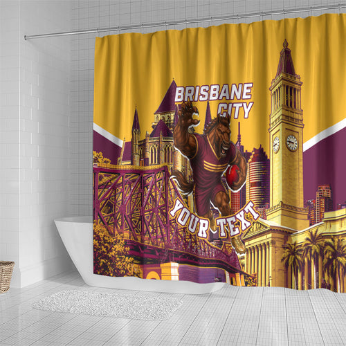 Personalised Brisbane City Rugby Shower Curtain Muscular Horse Mascot Skyline Graphic