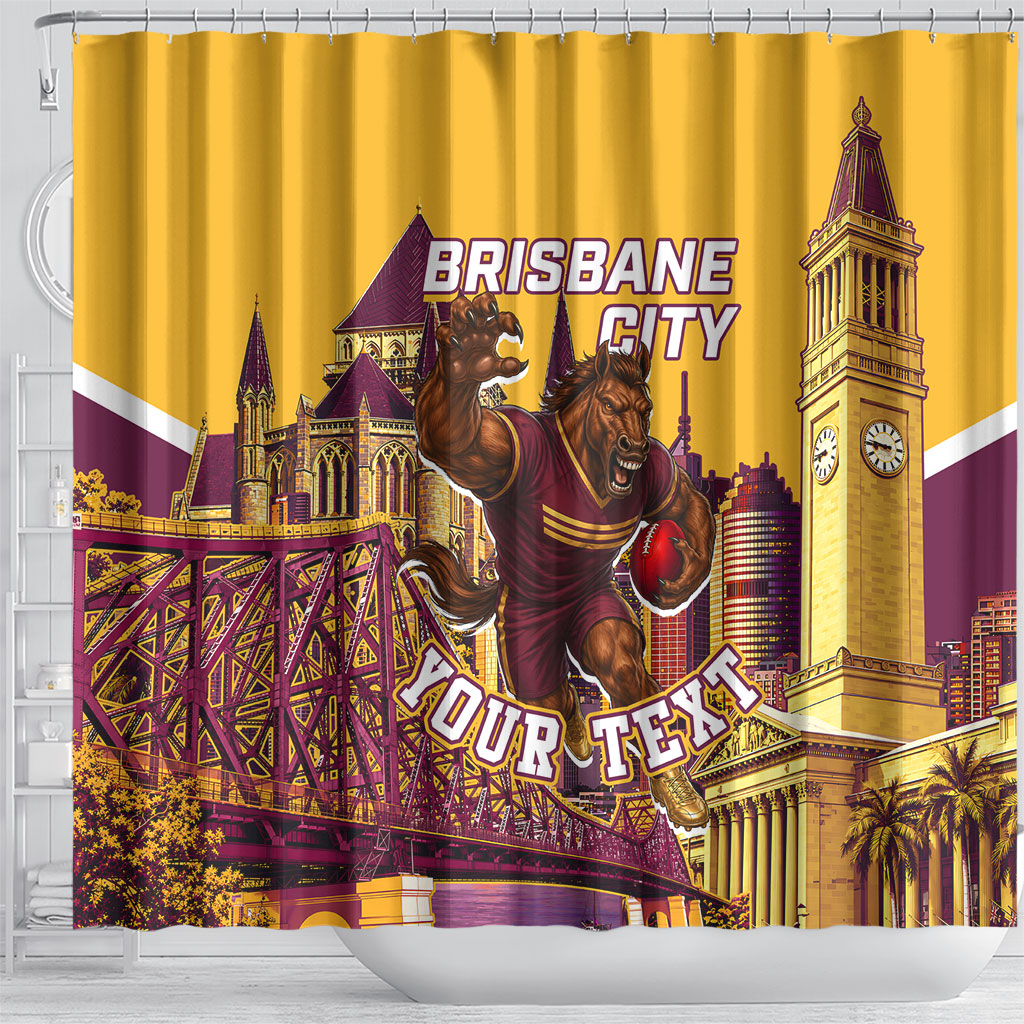 Personalised Brisbane City Rugby Shower Curtain Muscular Horse Mascot Skyline Graphic