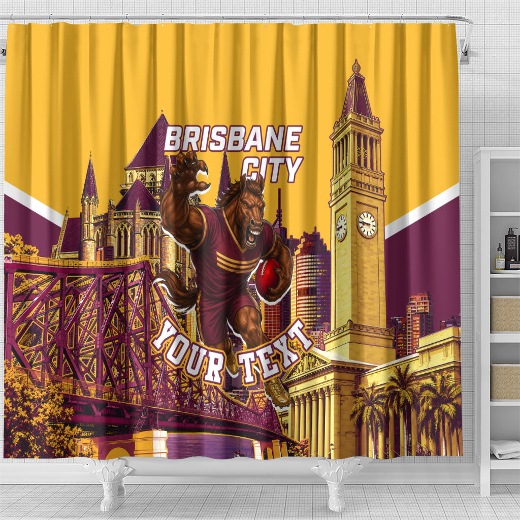 Personalised Brisbane City Rugby Shower Curtain Muscular Horse Mascot Skyline Graphic