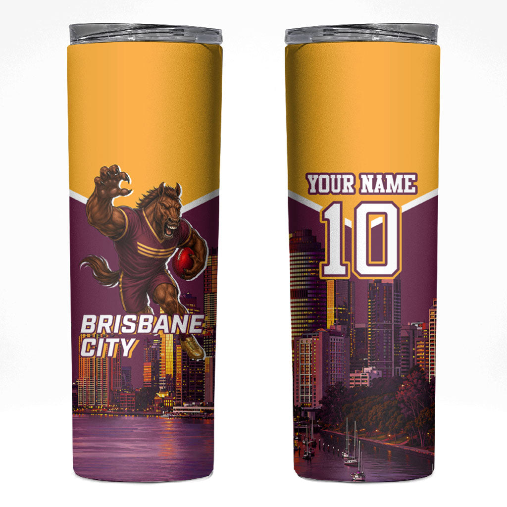 Personalised Brisbane City Rugby Skinny Tumbler Muscular Horse Mascot Skyline Graphic