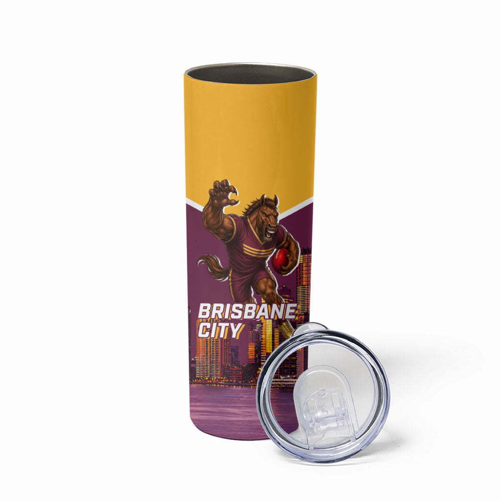 Personalised Brisbane City Rugby Skinny Tumbler Muscular Horse Mascot Skyline Graphic