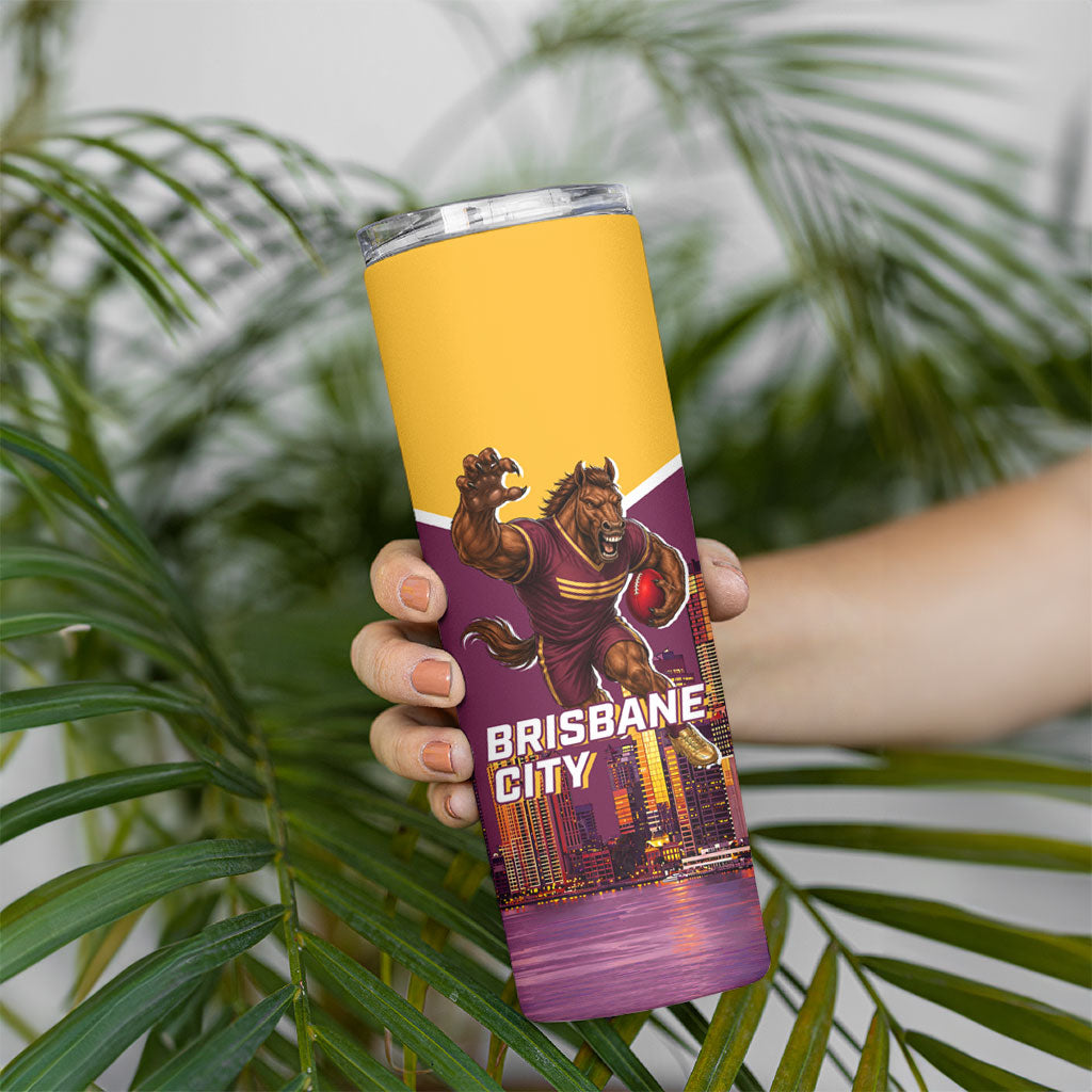 Personalised Brisbane City Rugby Skinny Tumbler Muscular Horse Mascot Skyline Graphic