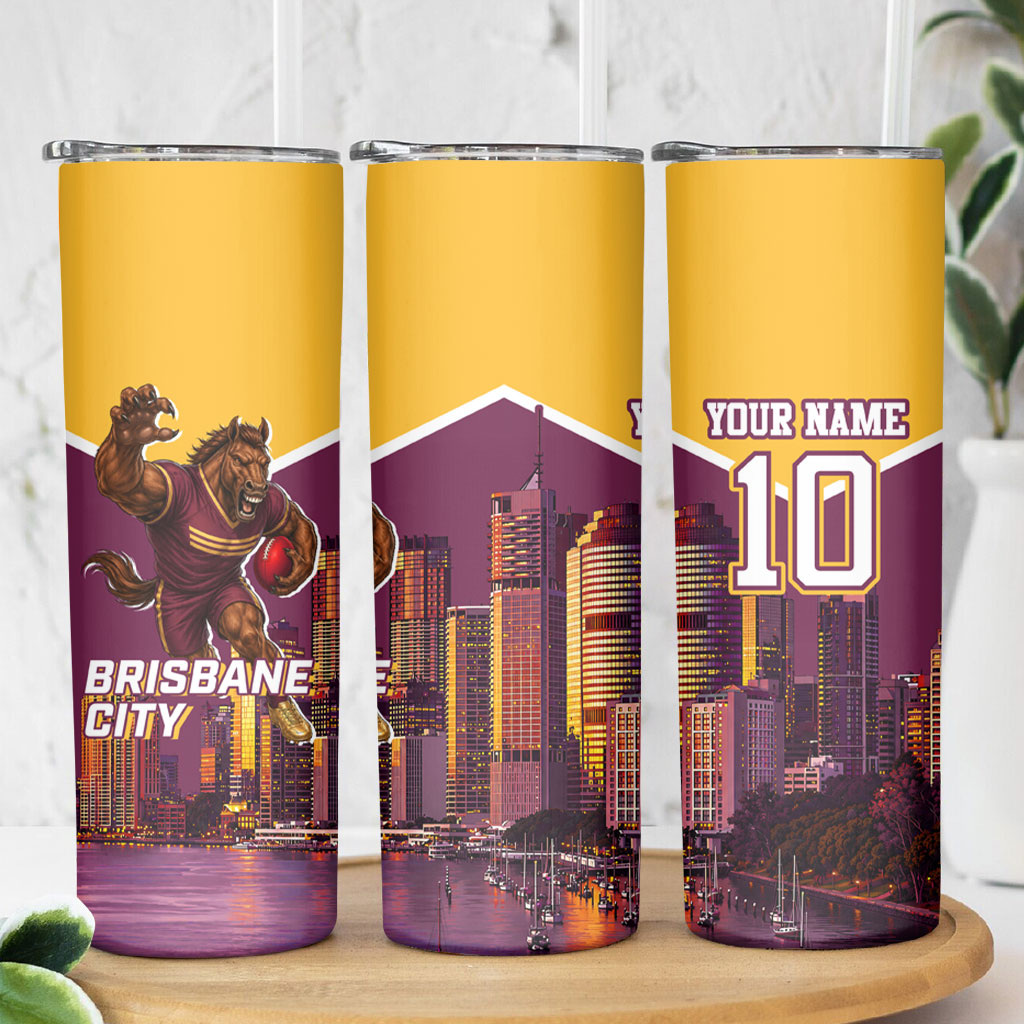 Personalised Brisbane City Rugby Skinny Tumbler Muscular Horse Mascot Skyline Graphic