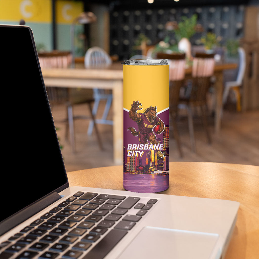 Personalised Brisbane City Rugby Skinny Tumbler Muscular Horse Mascot Skyline Graphic