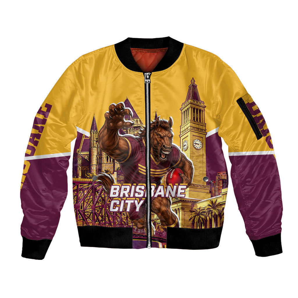 Personalised Brisbane City Rugby Sleeve Zip Bomber Jacket Muscular Horse Mascot Skyline Graphic