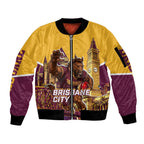 Personalised Brisbane City Rugby Sleeve Zip Bomber Jacket Muscular Horse Mascot Skyline Graphic
