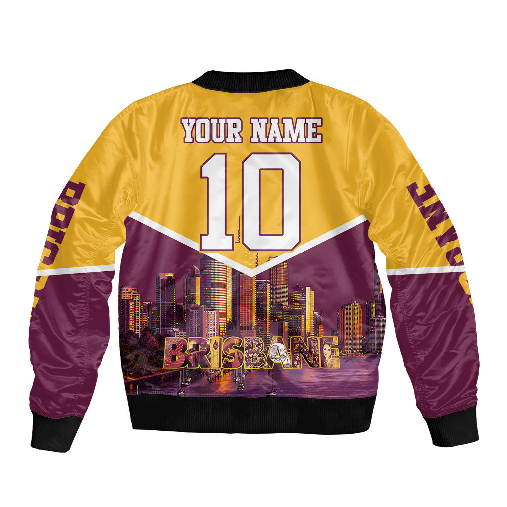 Personalised Brisbane City Rugby Sleeve Zip Bomber Jacket Muscular Horse Mascot Skyline Graphic