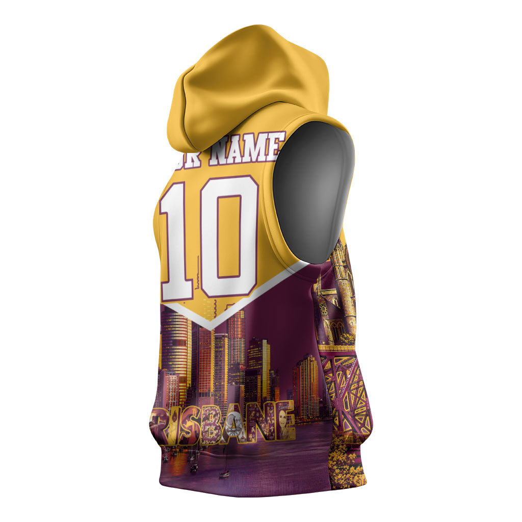 Personalised Brisbane City Rugby Sleeveless Hoodie Muscular Horse Mascot Skyline Graphic