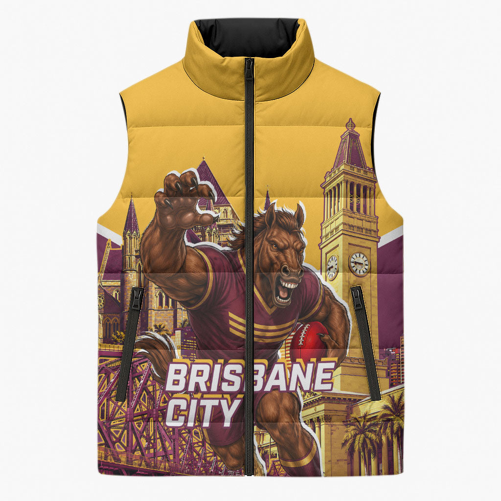 Personalised Brisbane City Rugby Sleeveless Puffer Jacket Muscular Horse Mascot Skyline Graphic