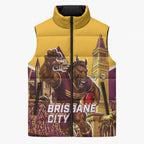 Personalised Brisbane City Rugby Sleeveless Puffer Jacket Muscular Horse Mascot Skyline Graphic
