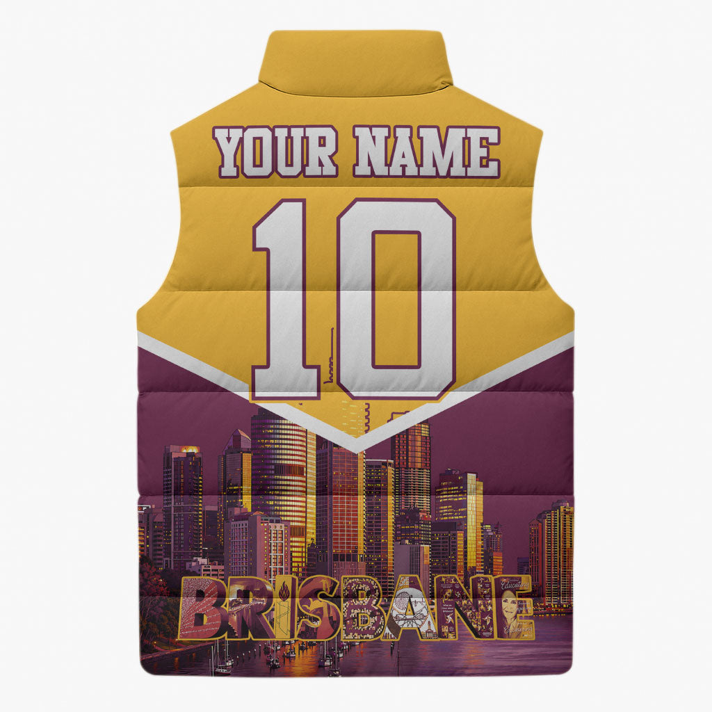 Personalised Brisbane City Rugby Sleeveless Puffer Jacket Muscular Horse Mascot Skyline Graphic