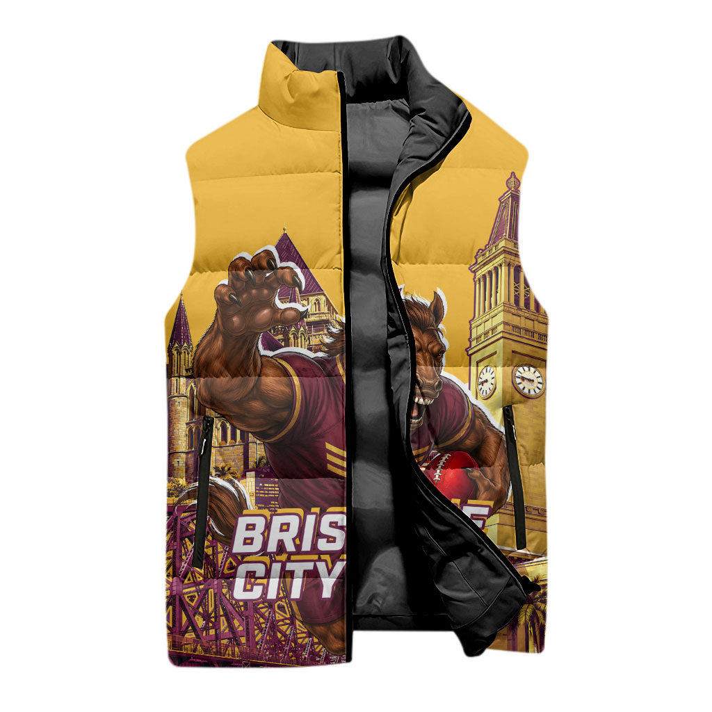 Personalised Brisbane City Rugby Sleeveless Puffer Jacket Muscular Horse Mascot Skyline Graphic