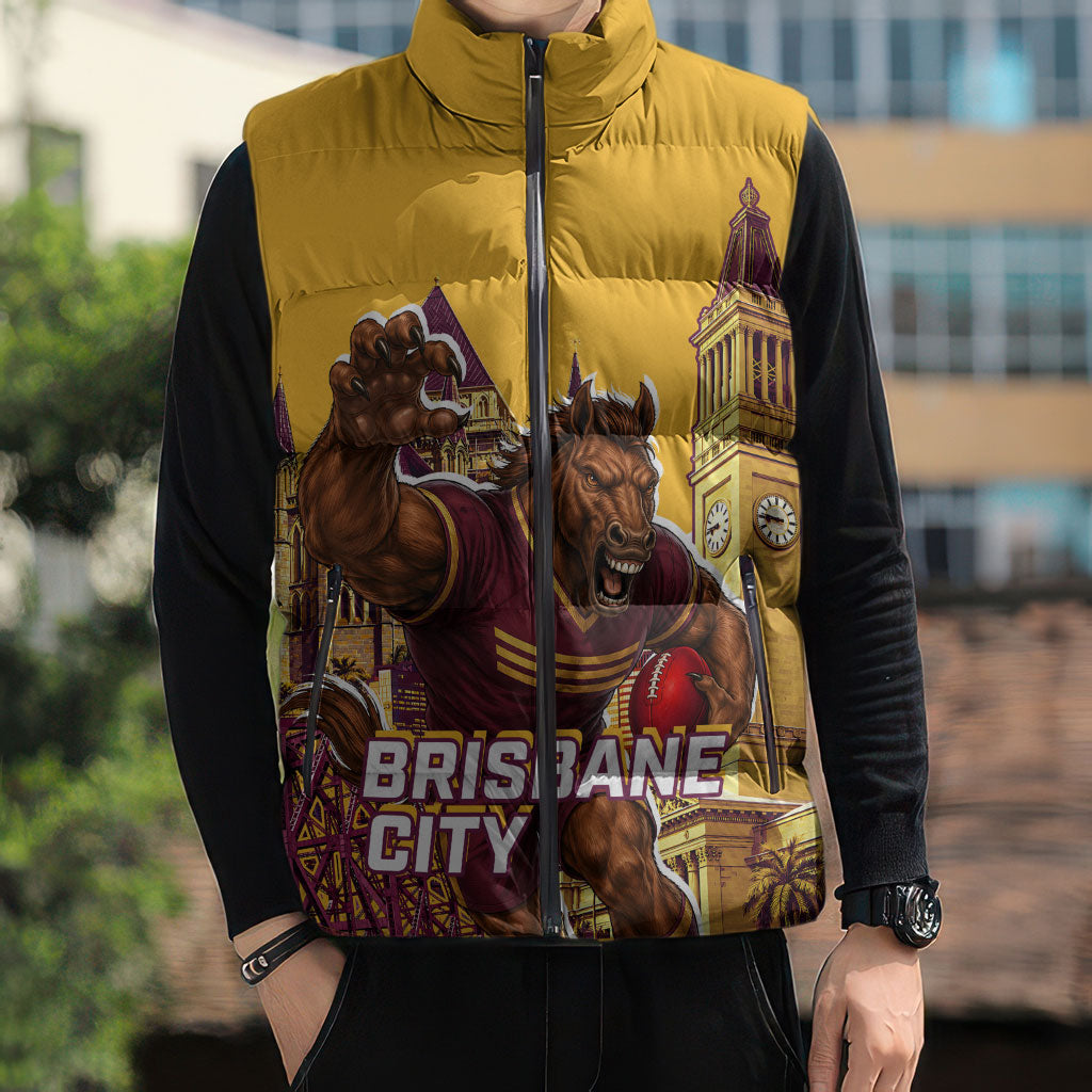 Personalised Brisbane City Rugby Sleeveless Puffer Jacket Muscular Horse Mascot Skyline Graphic
