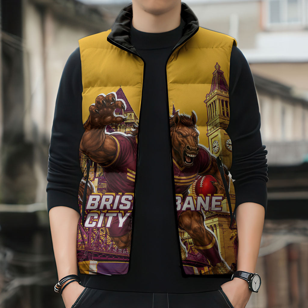 Personalised Brisbane City Rugby Sleeveless Puffer Jacket Muscular Horse Mascot Skyline Graphic