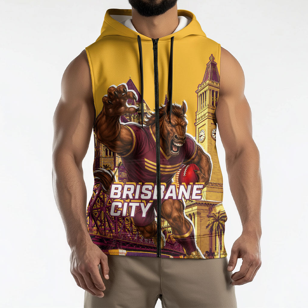 Personalised Brisbane City Rugby Sleeveless Zip Hoodie Muscular Horse Mascot Skyline Graphic