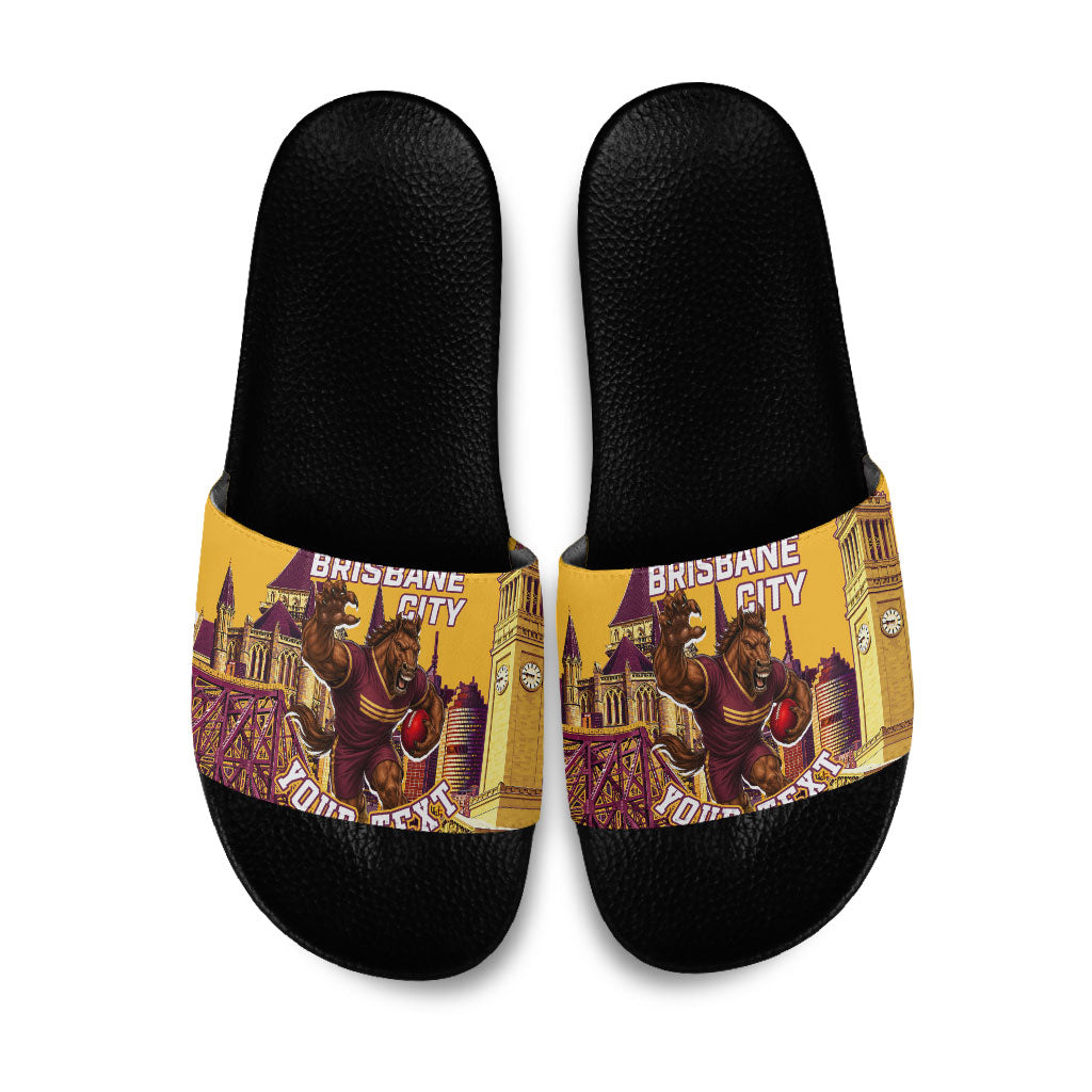 Personalised Brisbane City Rugby Slide Sandals Muscular Horse Mascot Skyline Graphic