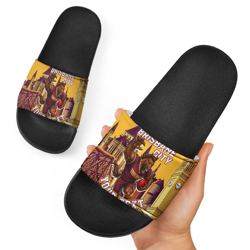 Personalised Brisbane City Rugby Slide Sandals Muscular Horse Mascot Skyline Graphic