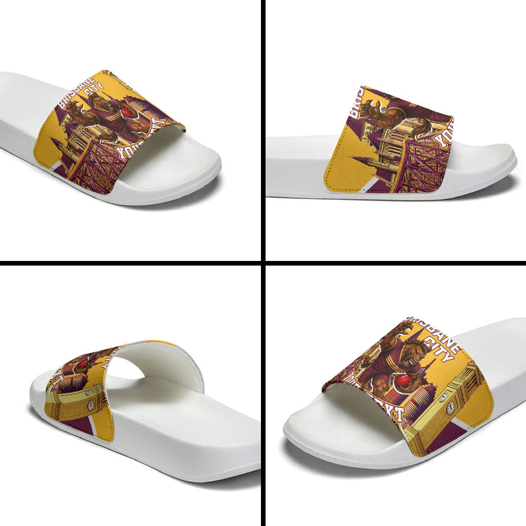 Personalised Brisbane City Rugby Slide Sandals Muscular Horse Mascot Skyline Graphic