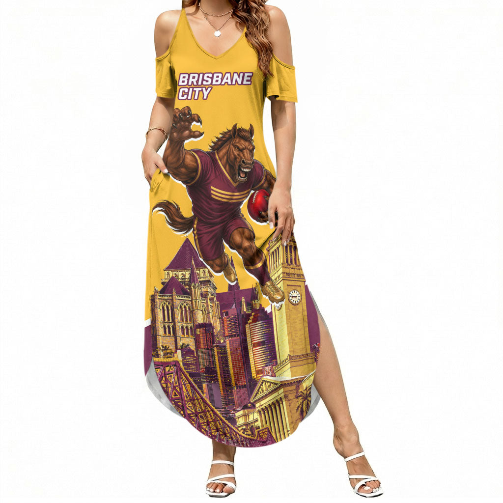 Personalised Brisbane City Rugby Summer Maxi Dress Muscular Horse Mascot Skyline Graphic