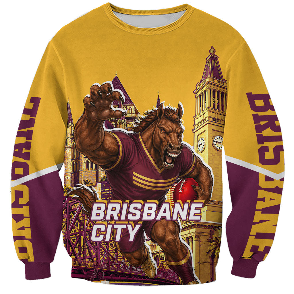 Personalised Brisbane City Rugby Sweatshirt Muscular Horse Mascot Skyline Graphic