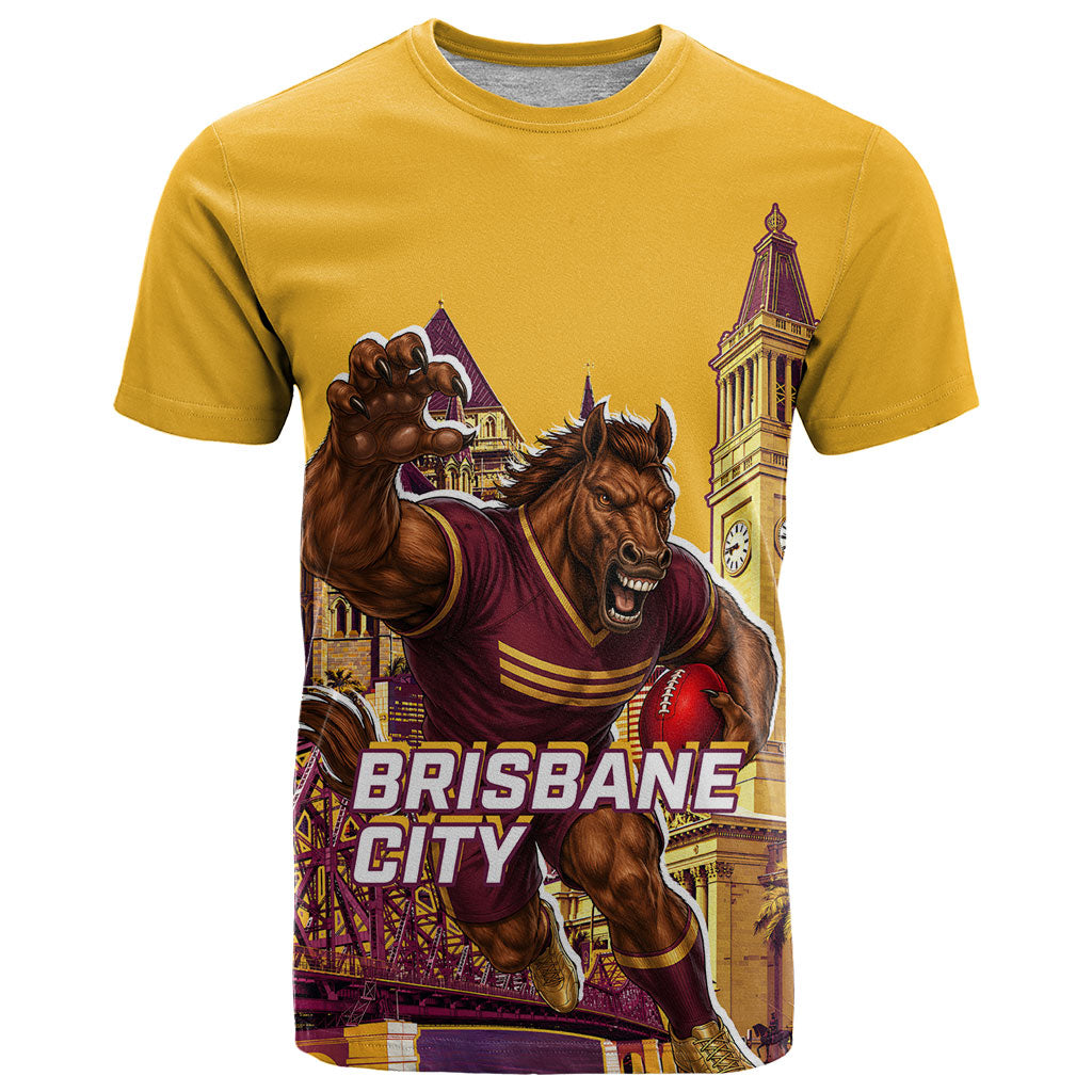 Personalised Brisbane City Rugby T Shirt Muscular Horse Mascot Skyline Graphic