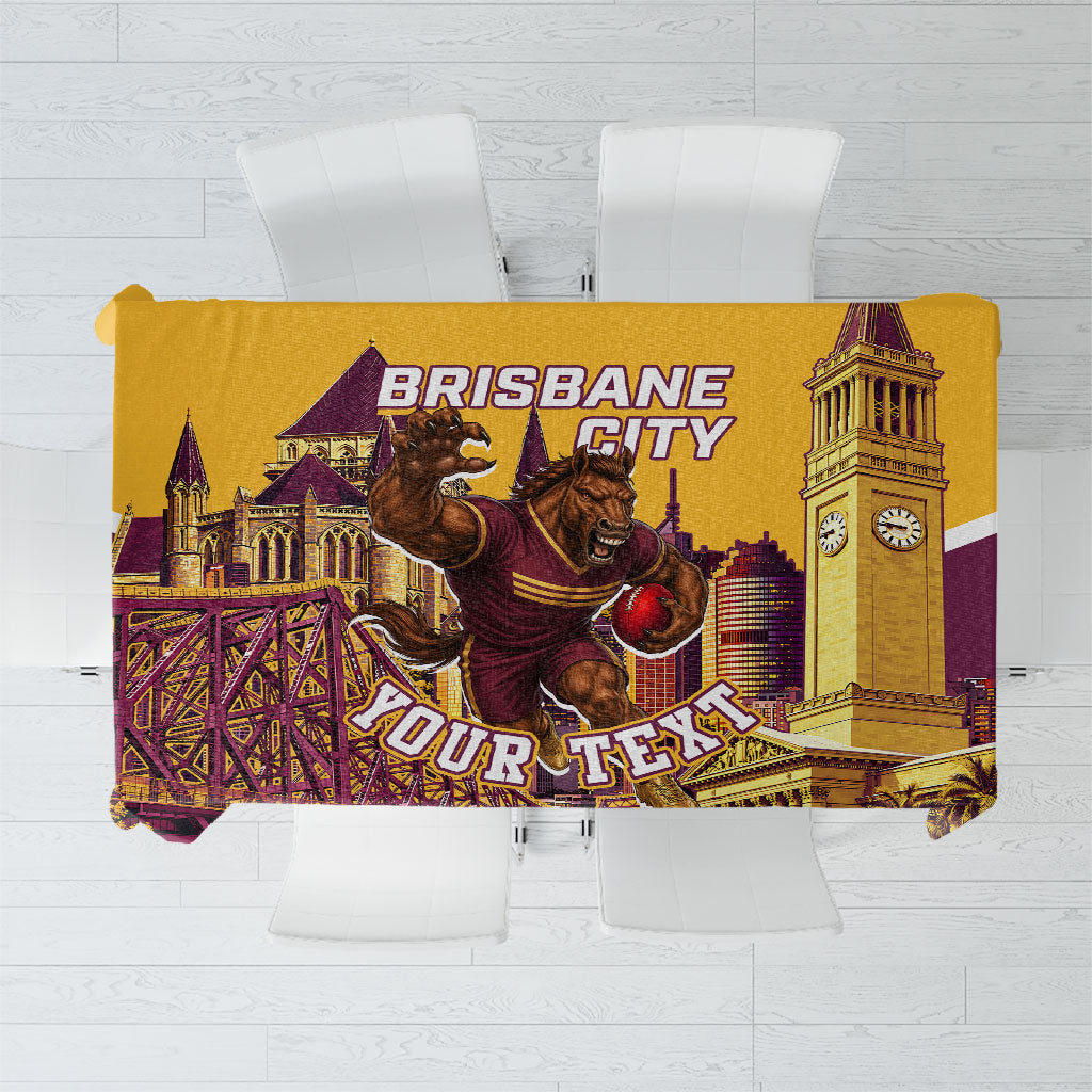 Personalised Brisbane City Rugby Tablecloth Muscular Horse Mascot Skyline Graphic