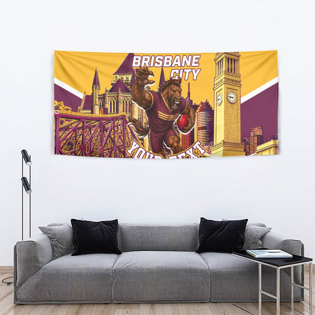 Personalised Brisbane City Rugby Tapestry Muscular Horse Mascot Skyline Graphic