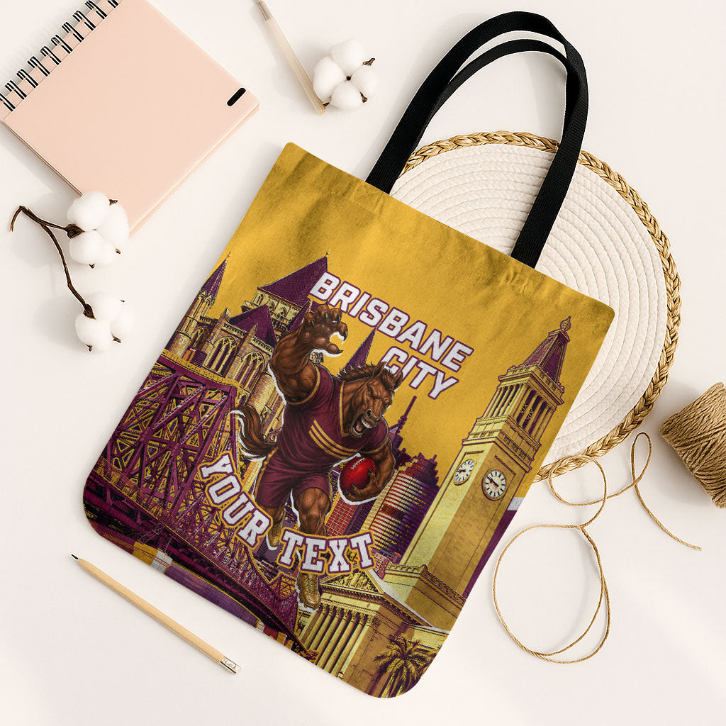Personalised Brisbane City Rugby Tote Bag Muscular Horse Mascot Skyline Graphic