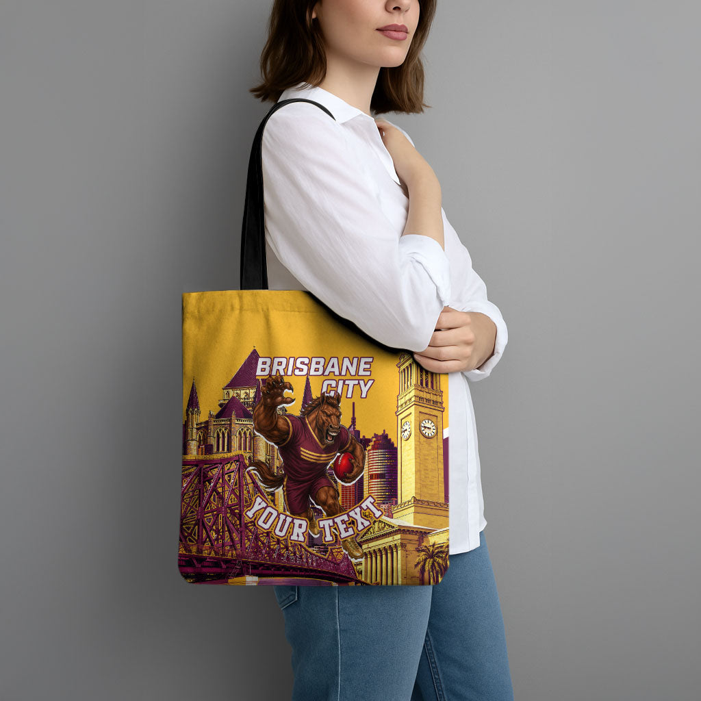 Personalised Brisbane City Rugby Tote Bag Muscular Horse Mascot Skyline Graphic