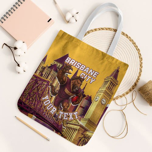Personalised Brisbane City Rugby Tote Bag Muscular Horse Mascot Skyline Graphic