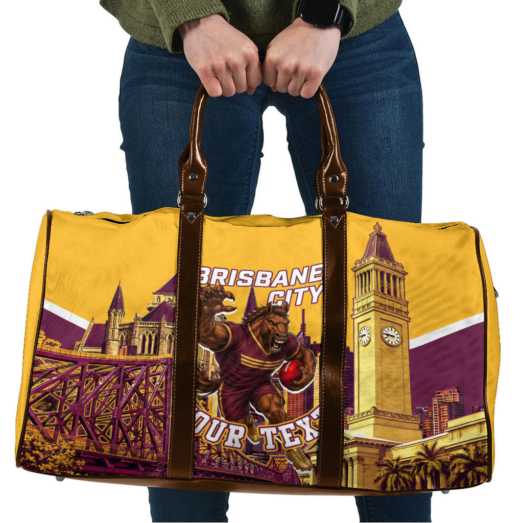Personalised Brisbane City Rugby Travel Bag Muscular Horse Mascot Skyline Graphic